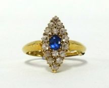 An 18ct sapphire and diamond cluster ring of boat shape, finger size Q, size approx 18mm x 9mm.