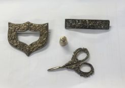 Two Scottish, heavy gauge metal plaid brooches, miniature silver scissors and a silver thimble
