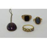 A gents 9ct gold signet ring (5.7gms), a 9ct dress ring, another ring unhallmarked (both 7gms total)