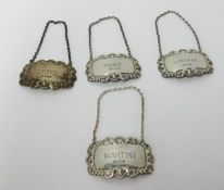 Four silver wine bottle labels Cognac, Scotch, Martini and Port, approx 58.2gms.