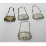 Four silver wine bottle labels Cognac, Scotch, Martini and Port, approx 58.2gms.