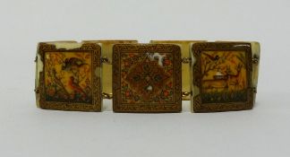 A bone bracelet with painted oriental panels of figures and scenes, comprising of seven links,
