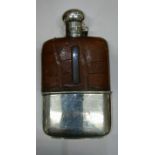 Sillver mounted bayonet top and glass, leather bound hip flask,