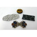 A ornate silver two part buckle approx 62gms, a Mauchlin pin cushion and another enamelled buckle
