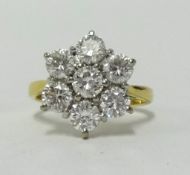 A diamond seven stone 'snowflake' cluster ring, estimated total weight 2.00cts, colour grade H-I,