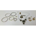 A mixture of Victorian and later gold, silver and other jewellery, bangles, bracelets, brooches,