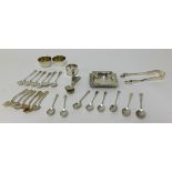 Various silver teaspoons, sugar tongs, napkin ring, dish etc, approx 14.63oz.