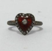 Victorian diamond and enamel heart token ring, 12mm x 11mm overall dimesion of