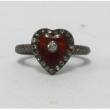 Victorian diamond and enamel heart token ring, 12mm x 11mm overall dimesion of