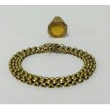 A 9ct gold bracelet approx 20gms, also 1/10 cru gram gold coin set within a 9ct ring (total weight