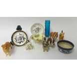 Collection of china wares including Beswick dogs and blue white friars glass vase