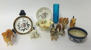 Collection of china wares including Beswick dogs and blue white friars glass vase