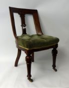 A good set of six heavy mahogany framed dining chairs with buttoned upholstered seats, fluted and