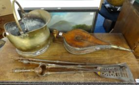 A pair of Victorian fire bellows, 19th century set of steel fire irons and a brass log box and