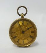 An antique 18ct gold fob watch with keyless movement, stamped 18k.