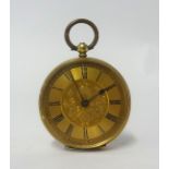 An antique 18ct gold fob watch with keyless movement, stamped 18k.