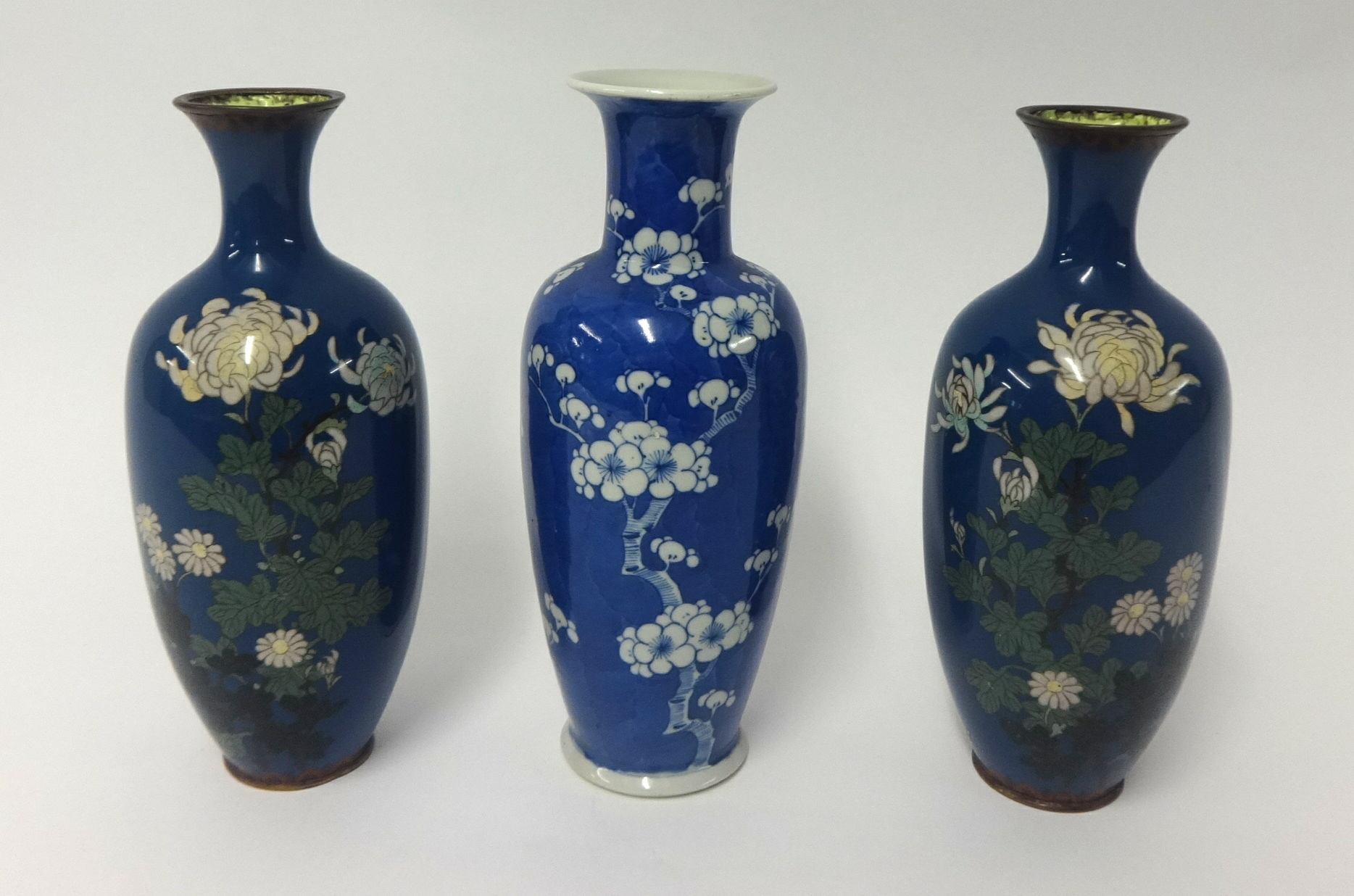 Chinese blue and white porcelain vase together with a pair of Cloisonné blue ground baluster shape