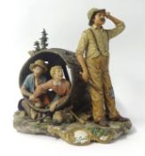 Large 20th century Capo di Monte group modelled as two children in a barrel beside a farmer