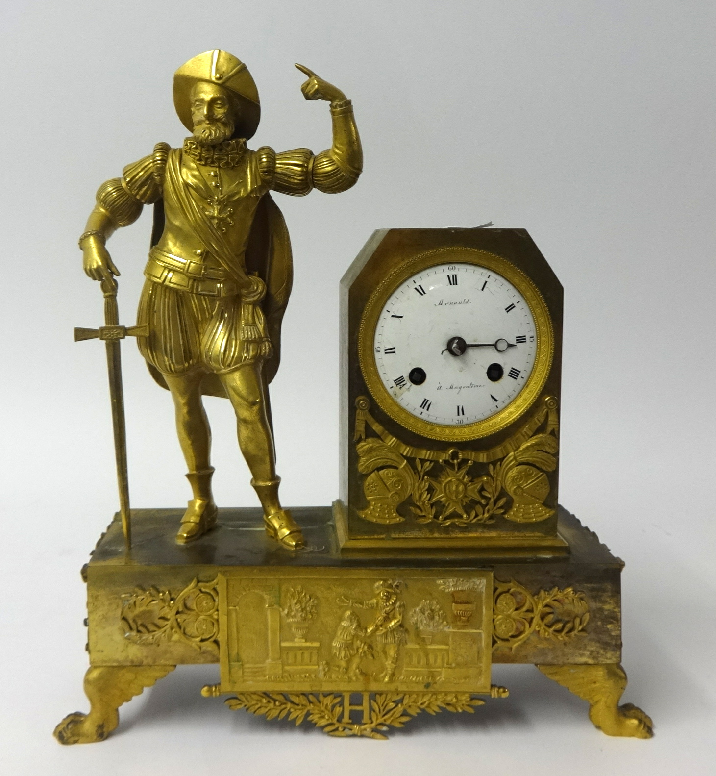 A 19th century French Empire Gilt Bronze Figural Mantle Clock, the movement signed 'A. D Mougin',