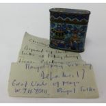 Cloisonné enamelled box and cover inside a hand written note "Acquired by Uncle Willy at Peking
