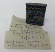 Cloisonné enamelled box and cover inside a hand written note "Acquired by Uncle Willy at Peking