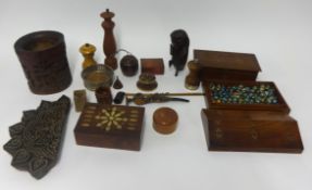 Various woodware, treen, carvings, boxes and objects