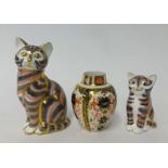 Royal Crown Derby cat paperweight (lacks stopper), another smaller cat paperweight and a Derby