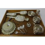 Set of six silver teaspoons, silver mounted and glass match striker and other silver plated wares
