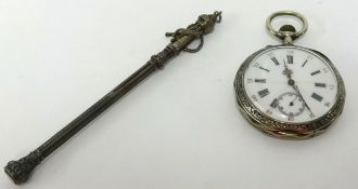 A continental silver open face keyless pocket watch, the enamelled dial with roman