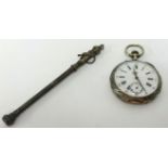 A continental silver open face keyless pocket watch, the enamelled dial with roman