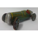 Clockwork tin metal racing car plus Tri-ang Loco wooden train, Codeg metal bumper car