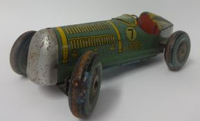Clockwork tin metal racing car plus Tri-ang Loco wooden train, Codeg metal bumper car