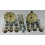 Whitefriars smoked glass jug and six tumblers, together with a pair of Crown Devon fruit bowls and a