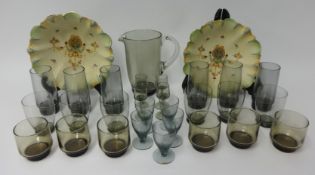 Whitefriars smoked glass jug and six tumblers, together with a pair of Crown Devon fruit bowls and a