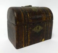 Early 19th Century leather bound and brass mounted casket, containing two glass scent bottles with