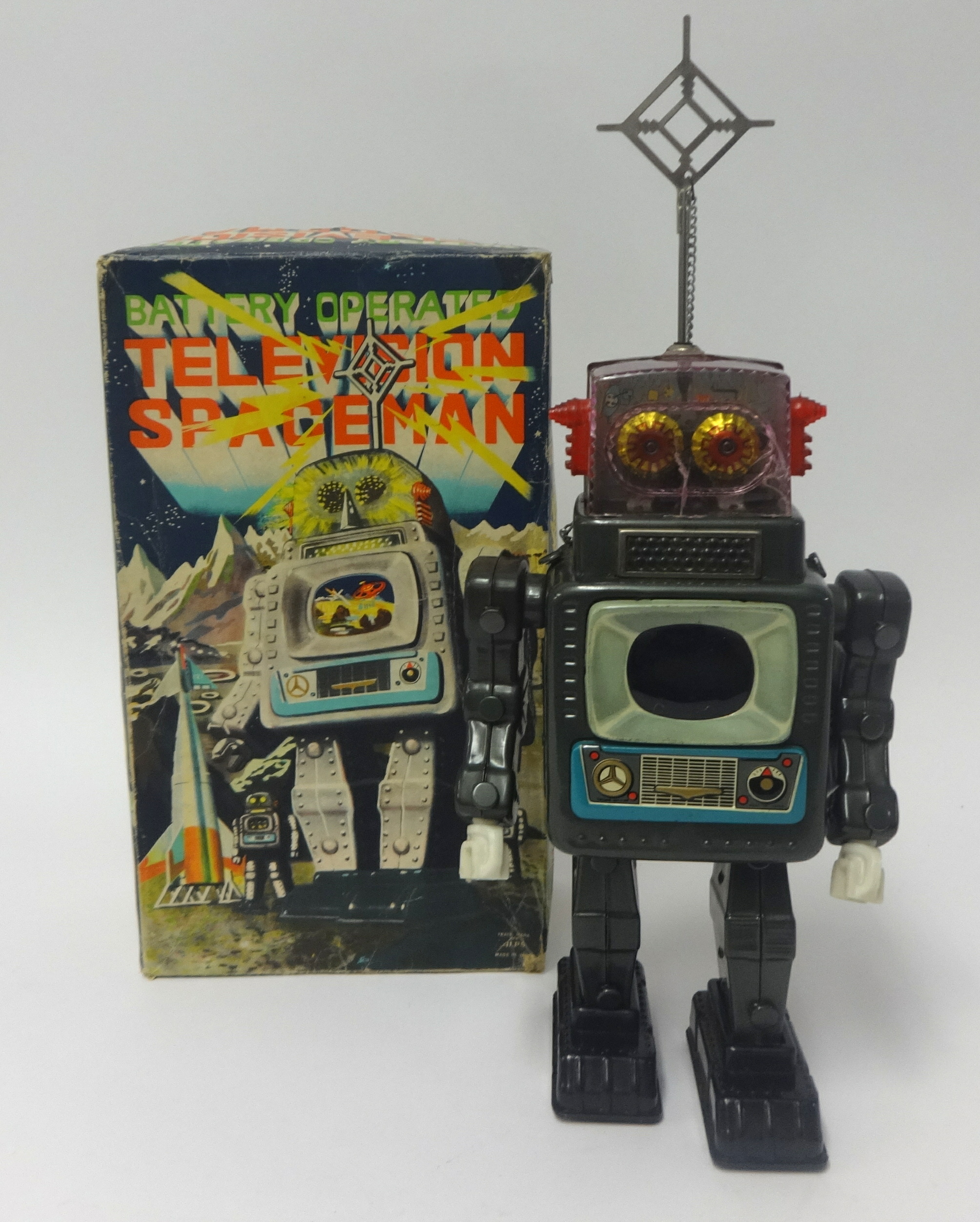 An ALPS Japanese battery operated tinplate Television Spaceman Robot in original box, 38cm high. - Image 2 of 2