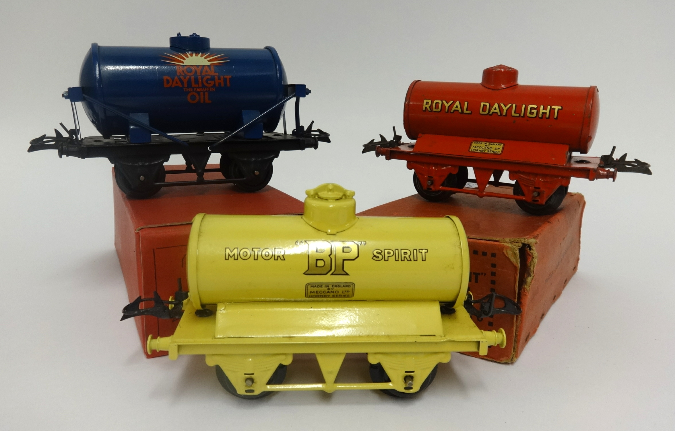 Hornby gauge O boxed 'Royal Daylight' oil tank wagon', BP tank wagon and an early Bernard Ridgley '