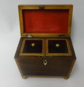 A 19th Century rosewood and cross banded tea caddy with brass feet and ivory escutcheon, width