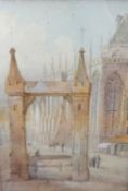 E.Nevil?, a pair of watercolours, Cathedral scenes, signed 36cm x 26cm.