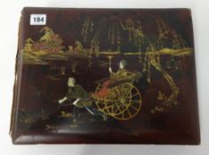 Early 19th Century oriental lacquered photograph album with decorated pages.