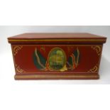 A red painted blanket chest with marine scene, '1857', 82cm x 44cm x 41cm.