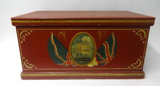 A red painted blanket chest with marine scene, '1857', 82cm x 44cm x 41cm.