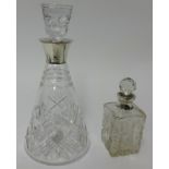 Silver mounted conical shape glass decanter together with a silver mounted scent bottle (2)