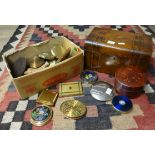 A collection of compacts and a Victorian parquetry inlaid sewing box.