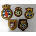 Collection of five ships plaques inclduing Triumph, Ulster, Rhyl, 899,