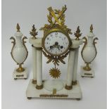 A French Alabaster three piece clock garniture set with gilt decoration, the enamelled dial with