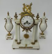 A French Alabaster three piece clock garniture set with gilt decoration, the enamelled dial with