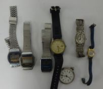 A collection of general wristwatches, modern including digital and also a open face pocket watch and