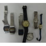 A collection of general wristwatches, modern including digital and also a open face pocket watch and