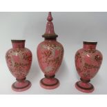 Set of three Victorian pink opaline glass and enamelled vases tallest 44cm approx.